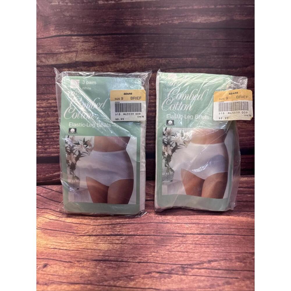 Two Vintage Sears Briefs Panties Combed Cotton Elastic Leg Briefs Size 9 NOS